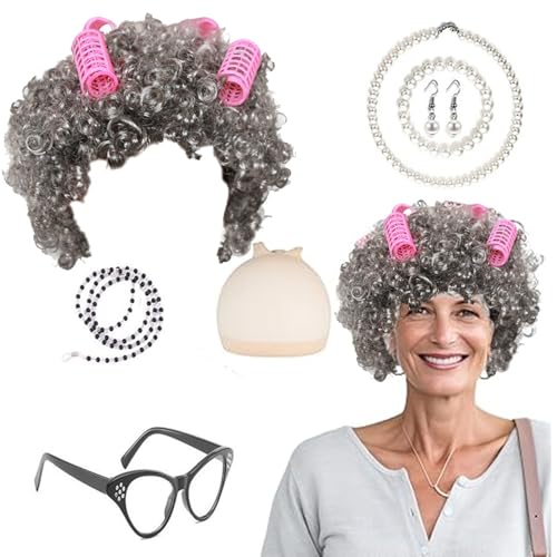AWAVM 7-teiliges Kostüm für alte Dame, Cosplay-Zubehör für Großmutter mit Oma-Perücke, Perückenkappe, Oma-Brille, Perlenketten, Ohrringe, Armband, Stock AWAVM 7-teiliges Kostüm für alte Dame, Cosplay-Zubehör für Großmutter mit Oma-Perücke, Perückenkappe, Oma-Brille, Perlenketten, Ohrringe, Armband, Stock von AWAVM