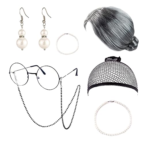 AWAVM 7PCS Old Lady Kostüm Set Großmutter Perücke Grau Perücke Oma Perücke Oma Brille Künstliche Perle Halskette Fancy Dress Zubehör von AWAVM