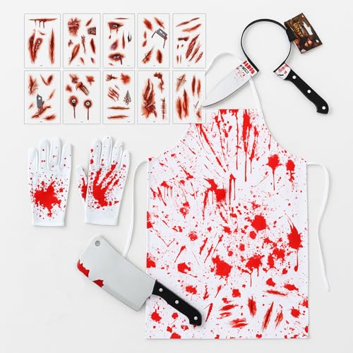 AWAVM Metzger-Kostüm-Set, 5-in-1, blutige Schürze, Set mit falschem Messerkopf, Requisite, Tattoos, Handschuhen, gruseliger Koch, Serienmörder, Outfit, Halloween, Zubehör, Party, Cosplay, Karneval von AWAVM