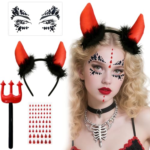 AWAVM Teufel Kostüm Damen 4PCS Teufelshörner Haarreif mit Glitzersteinen, Narben Tattoo, Zauberstab & Face Sticker, Karneval Kostüm Damen für Halloween Fasching Cosplay Vampir Look AWAVM Teufel Kostüm Damen 4PCS Teufelshörner Haarreif mit Glitzersteinen, Narben Tattoo, Zauberstab & Face Sticker, Karneval Kostüm Damen für Halloween Fasching Cosplay Vampir Look von AWAVM
