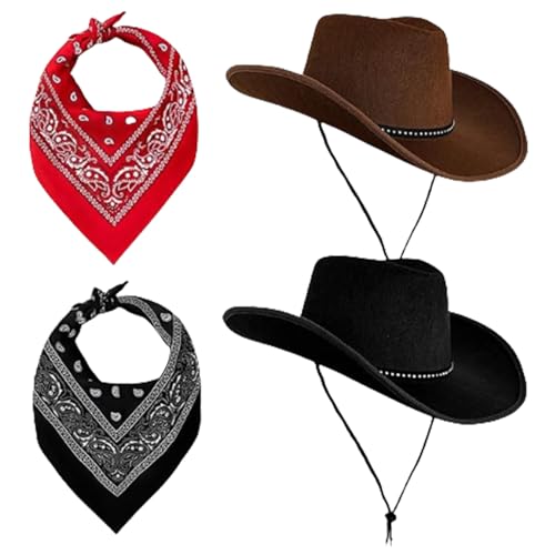 AWAVM Western Set für Damen & Herren,2 Filzhüte (Schwarz/Kaffeebraun) + 2 Paisley Bandanas,Cowboy Kostüm Accessoires für Country-Partys & Festivals von AWAVM