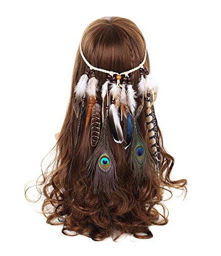 Damen Hippie Boho Indianer Stirnband - AWAYTR Feder Stirnbänder für Abendkleider Halloween Karneval(Pfau und Natürlich Fasan Feder Stirnband) von AWAYTR