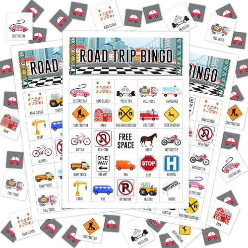 Road Trip Bingo-Kartenspiel, Bingo-Spiel für Erwachsene Familie, Auto-Bingo-Spiel für Reisen, Reisespiele, Partyzubehör, Gastgeschenke, Dekoration, Bingo-Dekorationen, 24 Spieler, Bingo-Spiele -02 von AWDSTN