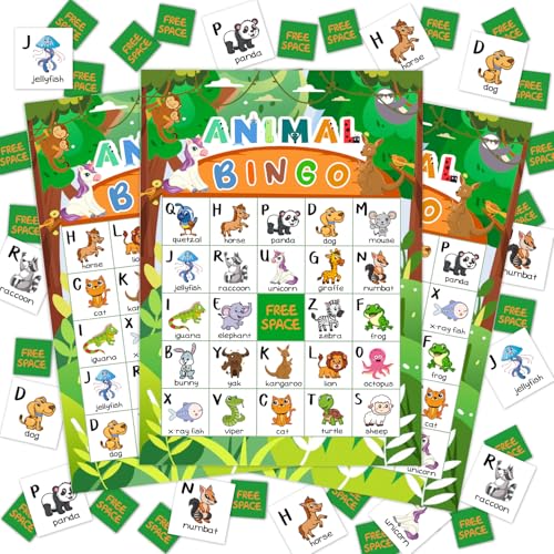 Tier-Bingo-Kartenspiel, Bingo-Spiel für Erwachsene, Familie, Bingo-Spiel für Erwachsene, große Gruppe, Dschungeltier-Partyzubehör, Gastgeschenk, Dekoration, Bingo-Dekorationen, 24 Spieler von AWDSTN