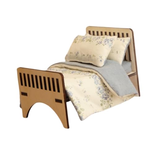 AWHAO Holzbett im Miniaturformat mit Bettwäsche, Puppenhausmöbel 1:12, Geblümt AWHAO Holzbett im Miniaturformat mit Bettwäsche, Puppenhausmöbel 1:12, Geblümt von AWHAO