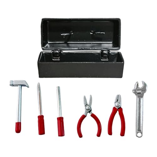 ＡＷＨＡＯ Miniatur Werkzeugkasten Als Detailliertes Werkzeugset Und Puppenhaus Zubehör mit Reparaturwerkzeugen Aus Metall für Maßstab 1 12 für Modellbau Und Fe, Schwarzes Gehäuse von ＡＷＨＡＯ