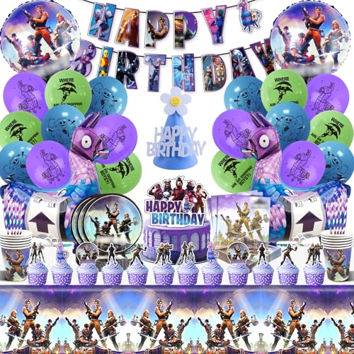 100 Stück Fortni Geburtstagsdeko, Fortnit Geburtstag Ballons, Luftballon Dekoration, Geburtstags Dekoration, Torten Deko, Banner, Tischdecken, Teller, für Kinderpartys, Mottopartys von AWOUSUE