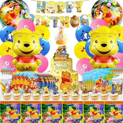100 Stück Winnie Pooh Geburtstag Party Set, Winnie Pooh Ballon, Winnie Pooh Geburtstagsdeko, Winnie Pooh Geschirrset, Winnie Pooh Helium Ballon, Winnie Pooh Geburtstag Outfit, Partyzubehör-Set von AWOUSUE