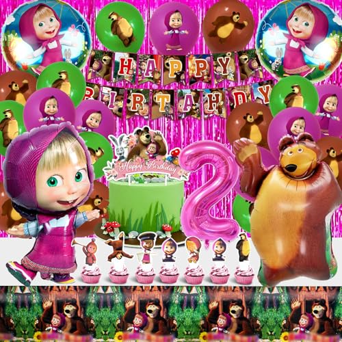 Mascha Geburtstag Deko 2 Jahre - 51 Stück Mädchen Party Set Mit Luftballons, Folienballon, Tischdecke - Deko für 2. Geburtstag Mascha Geburtstag Deko 2 Jahre - 51 Stück Mädchen Party Set Mit Luftballons, Folienballon, Tischdecke - Deko für 2. Geburtstag von AWOUSUE