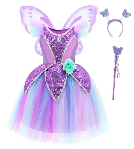 Axaxa Feenkostüm für Mädchen, Feenkostüm für Mädchen, Prinzessin, Fee, mit Schmetterlingsflügeln, Haarreif, Zauberstab, Lila von AXAXA