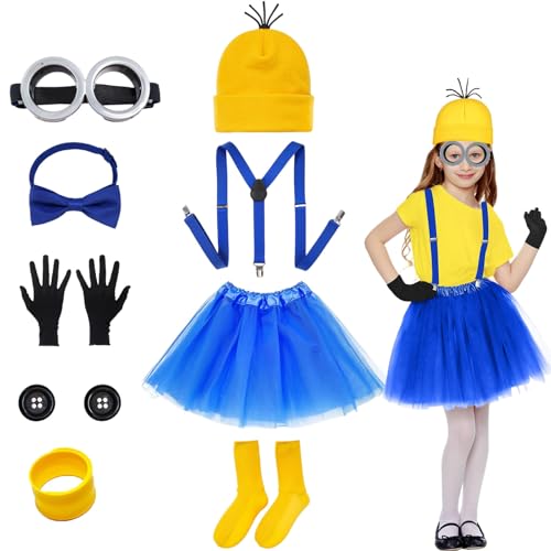 9 STK Halloween Kostüme, Halloween Kostüme für Erwachsene Kinder, Gelbes Kostüm Set Hut Hosenträger Handschuhe Knöpfe Socken Brille Rock und Armband für Halloween Cosplay Zubehör Karneval Kostüm von AXERHK