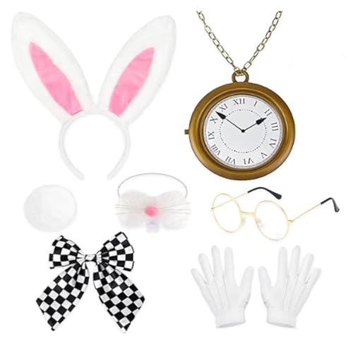 AXERHK 7 Stücke Weißes Kaninchenkostüm, Bunny Accessoires, Inklusive Weißem Hasenstirnband, Hasennase, Schwanz, Handschuhen, Taschenuhr, Brille und Fliege für Ostern, Halloween-Party von AXERHK