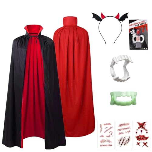AXERHK 8 Stück Halloween Vampir Kostüm, Beidseitig Rot Schwarz Umhang Vampir Mit Vampirzähne & Kunstblut, Halloween Kostüm Kinder für Halloween Karneval Party Cosplay M von AXERHK