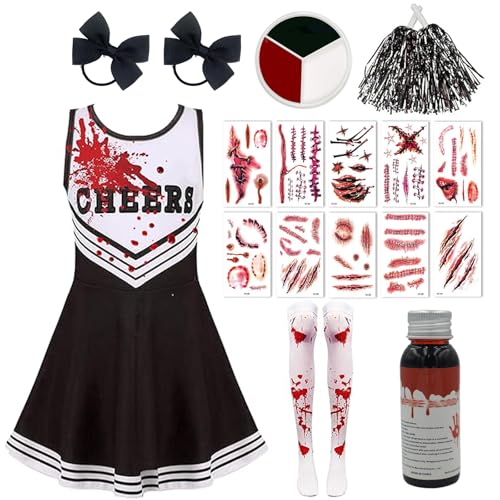 AXERHK Cheerleader Kostüm Kinder, Halloween Kostüm Damen, 17 Stück Cheerleading Outfit mit Kleid Halloween Gruseliger Kostüm, für Gruseliger Mottopartys von AXERHK