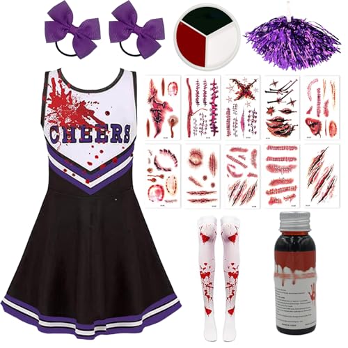 AXERHK Cheerleader Kostüm Kinder, Halloween Kostüm Damen, 17 Stück Cheerleading Outfit mit Kleid Halloween Gruseliger Kostüm, für Gruseliger Mottopartys von AXERHK