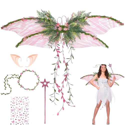 AXERHK Feenflügel Kostüm, Schmetterlingsflügel mit Elfenöhren für Halloween Fasching oder Feen-Mottopartys, Schwarz von AXERHK