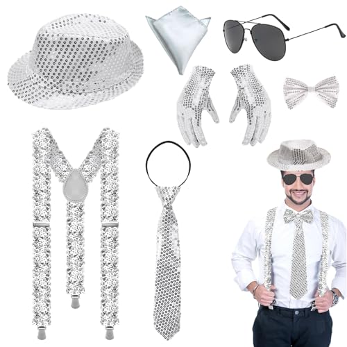 AXERHK Glitzer Outfit Herren, Glitzer Kostüm Accessoires mit Hosenträger, Fliege, Krawatte, Sonnenbrille, Handschuhe, Pailletten Disco Outfit Herren für Fasching Party Dance Performance AXERHK Glitzer Outfit Herren, Glitzer Kostüm Accessoires mit Hosenträger, Fliege, Krawatte, Sonnenbrille, Handschuhe, Pailletten Disco Outfit Herren für Fasching Party Dance Performance von AXERHK
