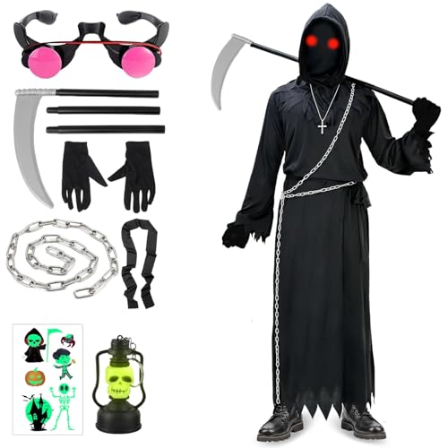 AXERHK Halloween Kostüm Kinder, Sensenmann Kostüm, Sensenmann Umhang Mit Sensenmann Sense Brille Kette Gürtel, Tod Kostüm Für Kinder Halloween Party Dekoration, Cosplay, Karneval L AXERHK Halloween Kostüm Kinder, Sensenmann Kostüm, Sensenmann Umhang Mit Sensenmann Sense Brille Kette Gürtel, Tod Kostüm Für Kinder Halloween Party Dekoration, Cosplay, Karneval L von AXERHK