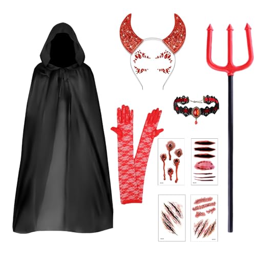 AXERHK Teufelskostüm Damen, Halloween Kostüm, Schwarzer Umhang, Teufelshörner, Spitzenhandschuhe, Tattoo-Wunde, Teufels-Heugabel, Horror-Gesichts-Edelsteine für Karneval Halloween Party AXERHK Teufelskostüm Damen, Halloween Kostüm, Schwarzer Umhang, Teufelshörner, Spitzenhandschuhe, Tattoo-Wunde, Teufels-Heugabel, Horror-Gesichts-Edelsteine für Karneval Halloween Party von AXERHK