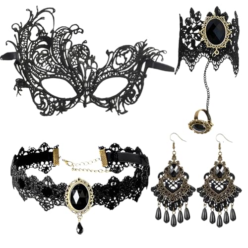AXERHK Vampir Kostüm Damen,Gothic Kleidung Damen,4 Stück Schwarz Spitze Maske Halskette Armband Paar Ohrringe Halloween Kostüm Damen Vampir Zubehör,für Halloween Kostüm Cosplay von AXERHK