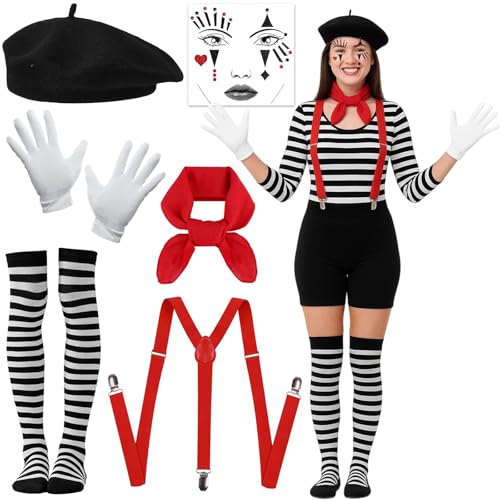 AXERHK Zirkus Kostüm Damen, Halloween Kostüm, 6 Stück Clown Kostüm Damen mit Baskenmütze Schal Handschuhe Tattoo Socken und Hosenträger, Clown Costume Women für Halloween Fasching Cosplay Party von AXERHK
