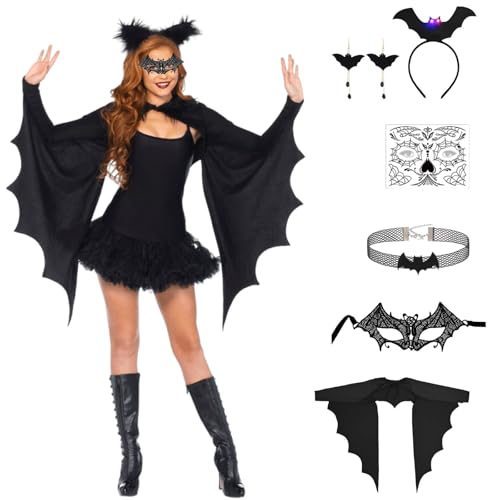 Halloween Kostüm, Fledermaus Kostüm Damen, Damenschwarz Fledermaus Umhang Mit Stirnband, Augenmasken, Halsketten, Strümpfe, Ohrringe Und Gesichtsaufkleber, Erwachsene Vampire Kostüm Karneval Halloween von AXERHK