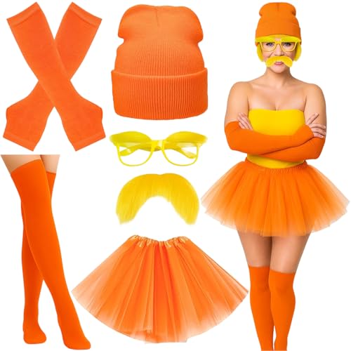 Halloween Kostüm Damen, 6 Stück Faschingskostüme Damen Set mit Hut, Brille, Orangefarbenem Tutu, Stirnband, Socken und Handschuhen, für Karneval, Halloween, Weihnachten, Mexikanische Cosplay Party von AXERHK