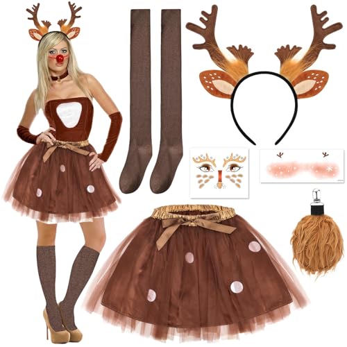 Rentier Haarreif, Rentier Kostüm, 7 Stück Reh Kostüm mit Geweih Haarreif Tüllrock Gesichtsaufkleber Braunes Band Aufkleber Schwanz und Kniestrümpfe, Reh Kostüm Damen für Halloween Weihnachten Cosplay von AXERHK