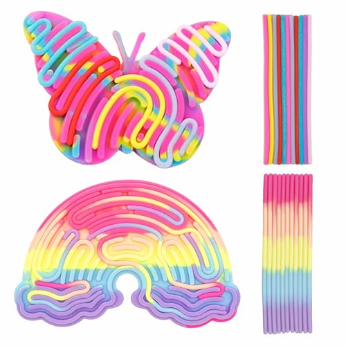 Sensorik Spielzeug,Fidget Toys,Doppelseitiges Regenbogen Cloud and Schmetterling Activity Board,mit 22 Silikonstäbe Fidget Toys Set,Fidget Toys Kinder für Entwicklung Manueller Fähigkeiten von AXERHK