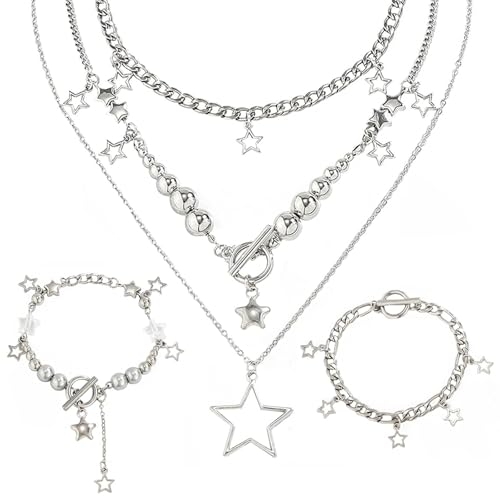 Y2k Schmuck, Y2k Accessoires, 3 Stück Silbernes Stern-Halsketten Set im Y2K Stil, Süße Halskette Aesthetic Schmuck Vintage Emo Schmuck, Mehrlagige Stapelbare Necklace Y2k für Frauen und Mädchen Y2k Schmuck, Y2k Accessoires, 3 Stück Silbernes Stern-Halsketten Set im Y2K Stil, Süße Halskette Aesthetic Schmuck Vintage Emo Schmuck, Mehrlagige Stapelbare Necklace Y2k für Frauen und Mädchen von AXERHK