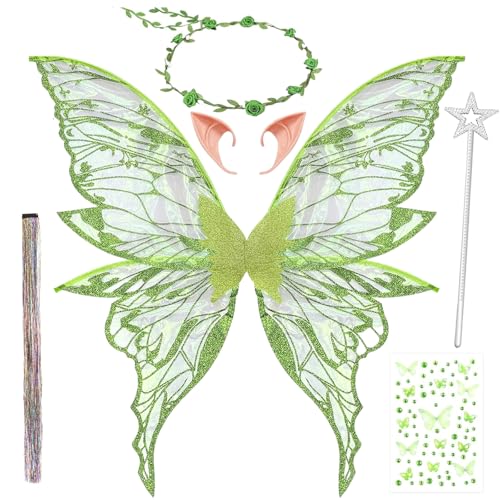 Feenflügel Erwachsene, Tinkerbell Kostüm Damen, 6 Teilen Set Enthält Flügel, Feenstab, Kranz, Haare, Aufkleber, 1 Paar Elfenohren, für Karneval und Halloween(Grün) Feenflügel Erwachsene, Tinkerbell Kostüm Damen, 6 Teilen Set Enthält Flügel, Feenstab, Kranz, Haare, Aufkleber, 1 Paar Elfenohren, für Karneval und Halloween(Grün) von AXERHK
