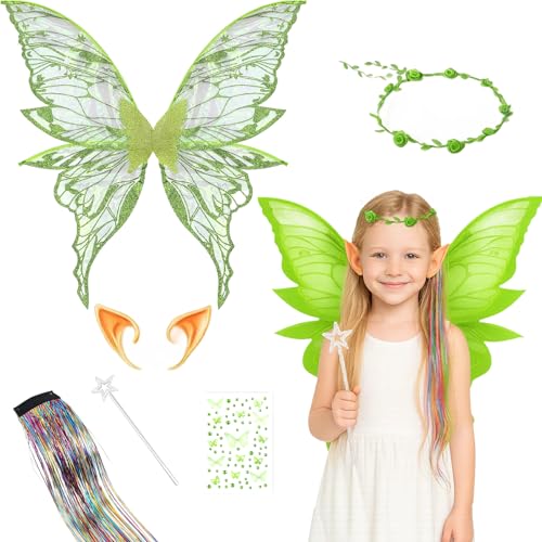 Feenflügel Erwachsene, Tinkerbell Kostüm Damen, 6 Teilen Set Enthält Flügel, Feenstab, Kranz, Haare, Aufkleber, 1 Paar Elfenohren, für Karneval und Halloween (Grün) von AXERHK