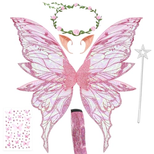 AXERHK Feenflügel Erwachsene, Tinkerbell Kostüm Damen, 6 Teilen Set Enthält Flügel, Feenstab, Kranz, Haare, Aufkleber, 1 Paar Elfenohren, für Karneval und Halloween(Rosa) AXERHK Feenflügel Erwachsene, Tinkerbell Kostüm Damen, 6 Teilen Set Enthält Flügel, Feenstab, Kranz, Haare, Aufkleber, 1 Paar Elfenohren, für Karneval und Halloween(Rosa) von AXERHK