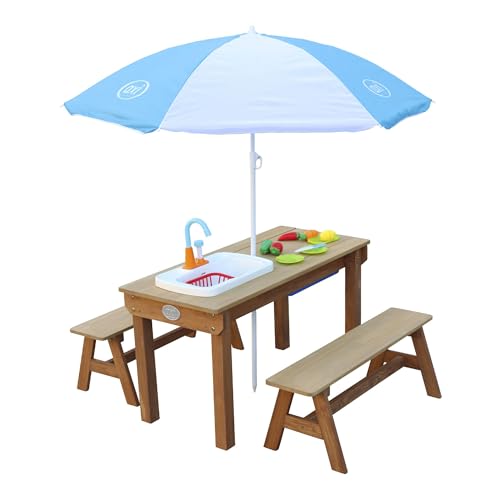 AXI Dennis Kinder Sand & Wasser Picknicktisch aus Holz | Wasserspieltisch & Sandtisch mit Bänken, Deckel, Behältern & Spüle | Kindertisch/Matschtisch in Braun mit Sonnenschirm für den Garten von AXI