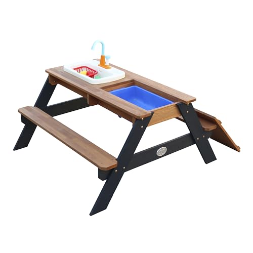 AXI Emily Kinder Sand & Wasser Picknicktisch aus Holz | Wasserspieltisch & Sandtisch mit Deckel, Behältern & Spüle | Kindertisch/Matschtisch in Anthrazit & Braun für den Garten von AXI