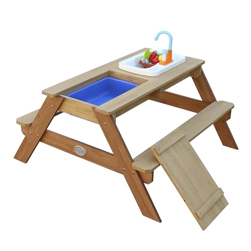 AXI Emily Kinder Sand & Wasser Picknicktisch aus Holz | Wasserspieltisch & Sandtisch mit Deckel, Behältern & Spüle | Kindertisch/Matschtisch in Braun für den Garten von AXI