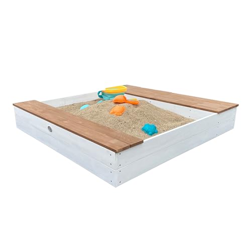 AXI Evy Sandkasten aus Holz mit Wasserbehälter, Sitzbank & Stauraum | Sandbox für Kinder in Weiß & Braun mit Abdeckung & Plane | 119 x 117 cm von AXI