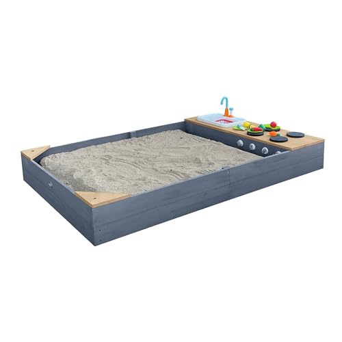 AXI Kelly Sandkasten aus Holz mit Sitzecken & Spielküche inklusive Spüle | Sandkasten für Kinder, grau & Braun | 180 x 115 cm. von AXI