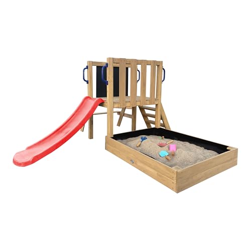 AXI Leah Mini Spielturm aus Holz in Braun mit roter Rutsche | Kleiner Spielturm für Kinder mit Sandkasten, Picknicktisch und Kreidetafel | Spielgerät für den Garten AXI Leah Mini Spielturm aus Holz in Braun mit roter Rutsche | Kleiner Spielturm für Kinder mit Sandkasten, Picknicktisch und Kreidetafel | Spielgerät für den Garten von AXI