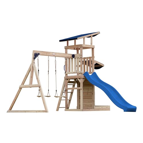 AXI Malik Spielturm aus Holz mit 2 Schaukeln | XXL Spielhaus/Spielplatz für Kinder mit Sandkasten, Spielwand & Rutsche in Blau | Schaukelgerüst für den Garten von AXI