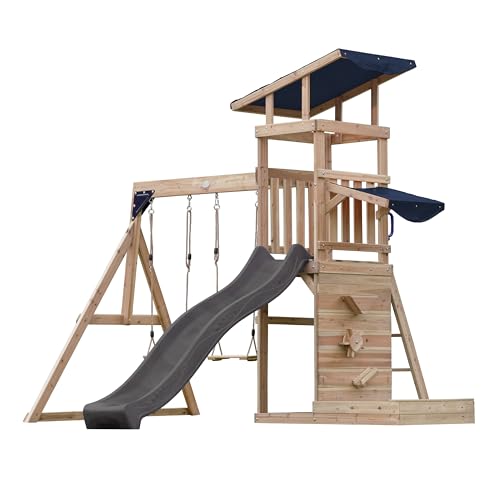 AXI Malik Spielturm aus Holz mit 2 Schaukeln | XXL Spielhaus/Spielplatz für Kinder mit Sandkasten, Spielwand & Rutsche in Grau | Schaukelgerüst für den Garten von AXI