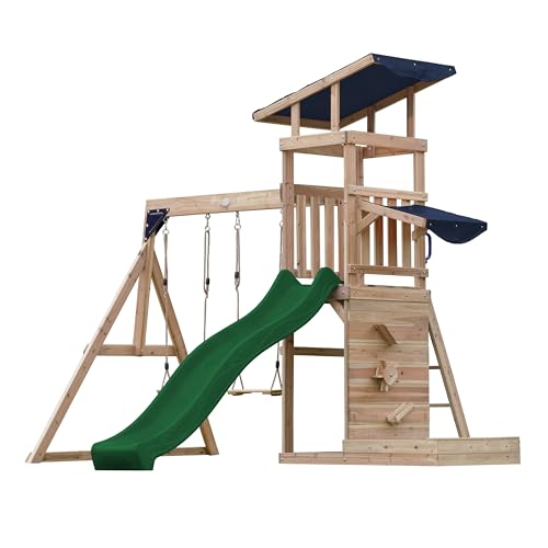 AXI Malik Spielturm aus Holz mit 2 Schaukeln | XXL Spielhaus/Spielplatz für Kinder mit Sandkasten, Spielwand & Rutsche in Grün | Schaukelgerüst für den Garten von AXI