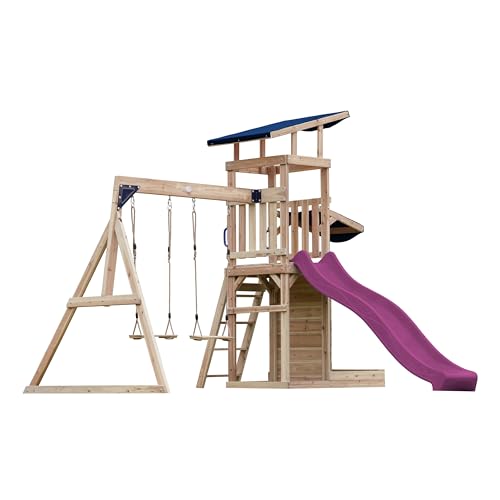 AXI Malik Spielturm aus Holz mit 2 Schaukeln | XXL Spielhaus/Spielplatz für Kinder mit Sandkasten, Spielwand & Rutsche in Lila | Schaukelgerüst für den Garten von AXI