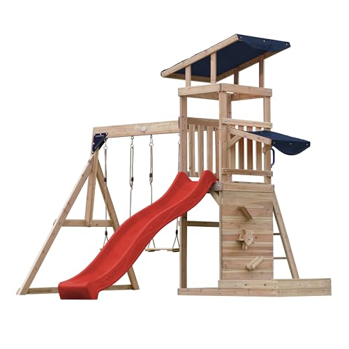 AXI Malik Spielturm aus Holz mit 2 Schaukeln | XXL Spielhaus/Spielplatz für Kinder mit Sandkasten, Spielwand & Rutsche in Rot | Schaukelgerüst für den Garten von AXI