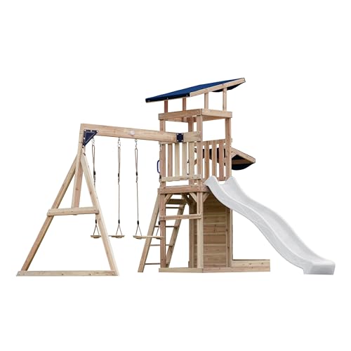 AXI Malik Spielturm aus Holz mit 2 Schaukeln | XXL Spielhaus/Spielplatz für Kinder mit Sandkasten, Spielwand & Rutsche in Weiß | Schaukelgerüst für den Garten von AXI