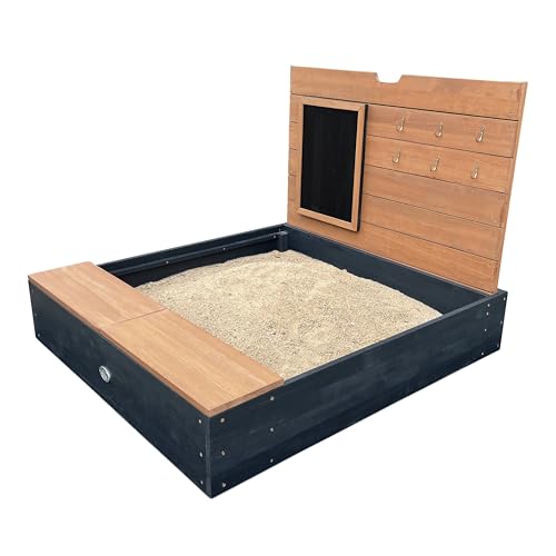 AXI Mandy Sandkasten aus FSC Holz mit Sitzbank, Stauraum, Deckel & Kreidetafel | Sandkasten in Anthrazit & Braun inklusive Bodeplane | 100 x 90 cm von AXI