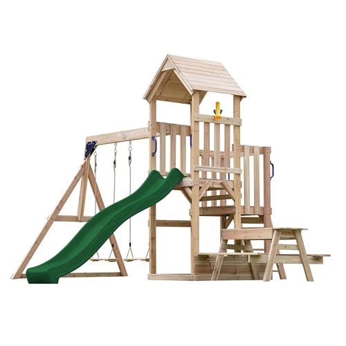 AXI Mette Spielturm aus Holz mit 2 Schaukeln | XXL Spielhaus/Spielplatz für Kinder mit Picknicktisch, Sandkasten & Rutsche in Grün | Schaukelgerüst für den Garten von AXI