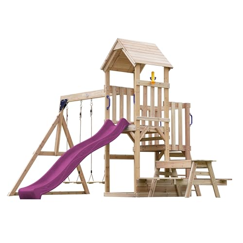 AXI Mette Spielturm aus Holz mit 2 Schaukeln | XXL Spielhaus/Spielplatz für Kinder mit Picknicktisch, Sandkasten & Rutsche in Lila | Schaukelgerüst für den Garten von AXI