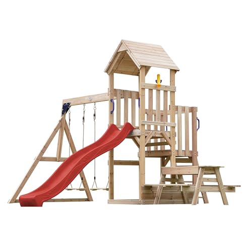 AXI Mette Spielturm aus Holz mit 2 Schaukeln | XXL Spielhaus/Spielplatz für Kinder mit Picknicktisch, Sandkasten & Rutsche in Rot | Schaukelgerüst für den Garten von AXI