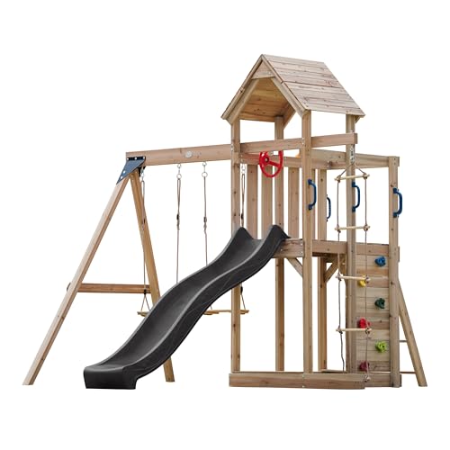 AXI Moos Spielturm aus Holz mit 2 Schaukeln & Strickleiter | XXL Spielhaus/Spielplatz für Kinder mit Kletterwand, Sandkasten & Rutsche in Grau | Schaukelgerüst für den Garten von AXI